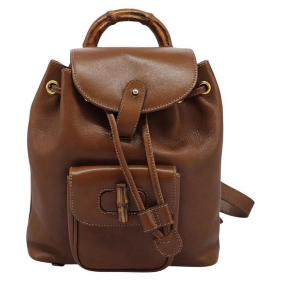 GUCCI Bamboo Backpack Leather Brown Gold Auth bs23503 - Picture 2 of 16